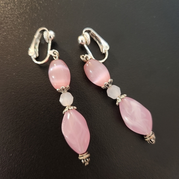 Hand Crafted Clip-on Earrings Pink Dangle Cat's Eye Quartz Beads - Picture 5 of 6